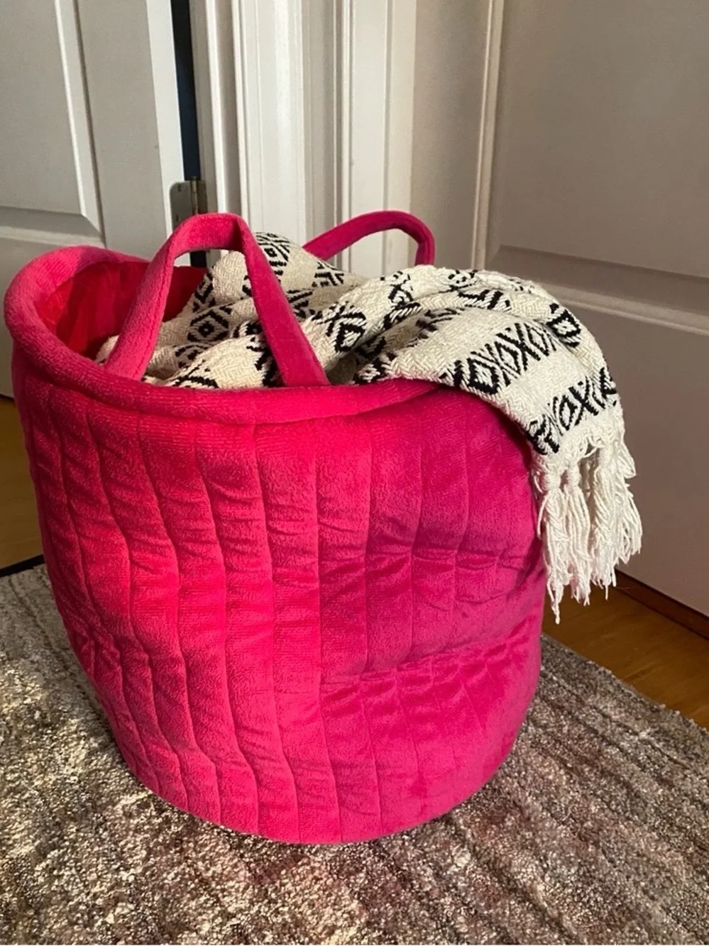 Hot Pink Quilted Plush Fabric Storage Basket with Handles Barbiecore Dopamine